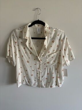 Abound Cream Short Sleeve Button-Front Shirt with Pink-Orange Floral